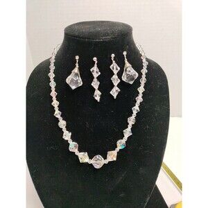 Aurora Borealis Glass Beaded Necklace With 2 Pair Of Acrylic Dangle Earrings